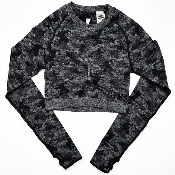 Gymshark Tops - Gymshark Adapt Camo Seamless Long Sleeve Grey Black Cut Out Crop Top Medium